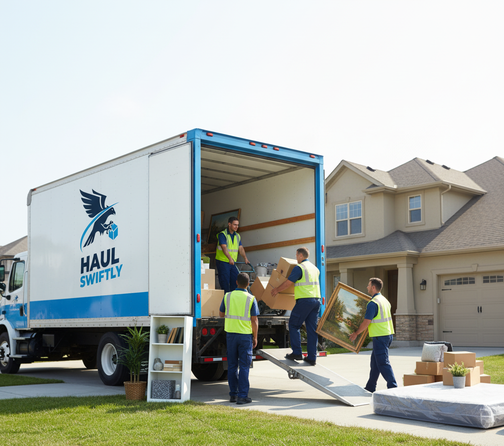 Moving team loading furniture into truck
